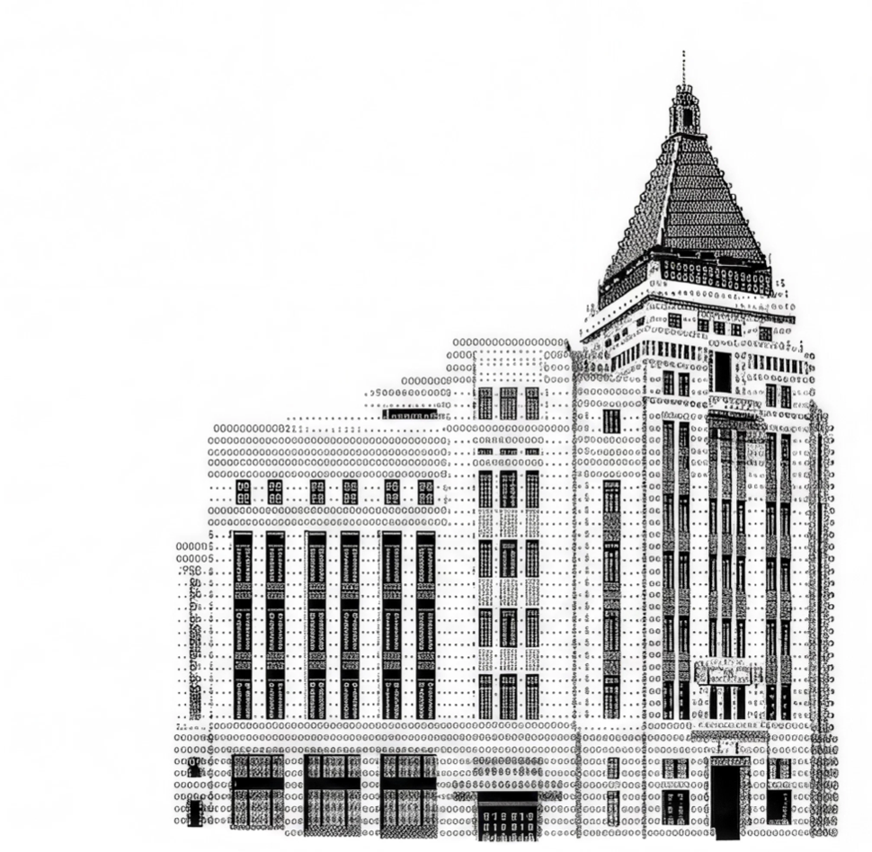 Illustration of a classic high-rise building rendered in typewriter characters